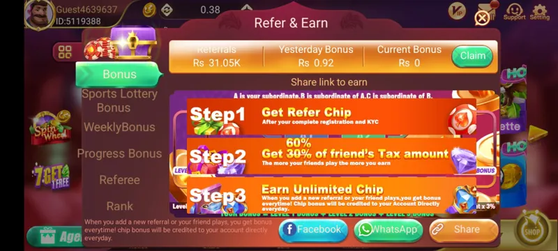 Dragon Tiger Club Refer and Earn screen with commission steps and share buttons