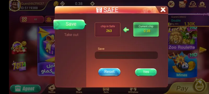 Dragon Tiger Club Safe screen for storing chips outside the play balance