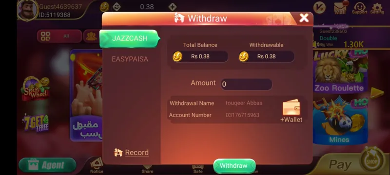Dragon Tiger Club Withdraw screen with JazzCash and EasyPaisa options